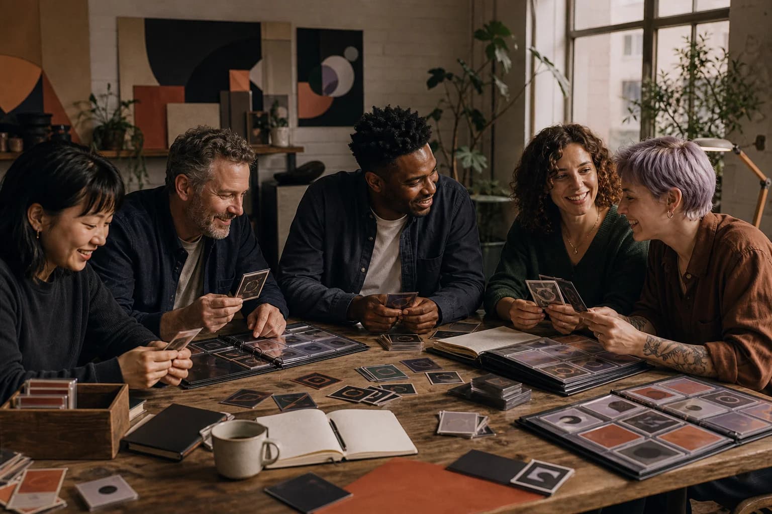 Adult collectors sharing cards around a community table