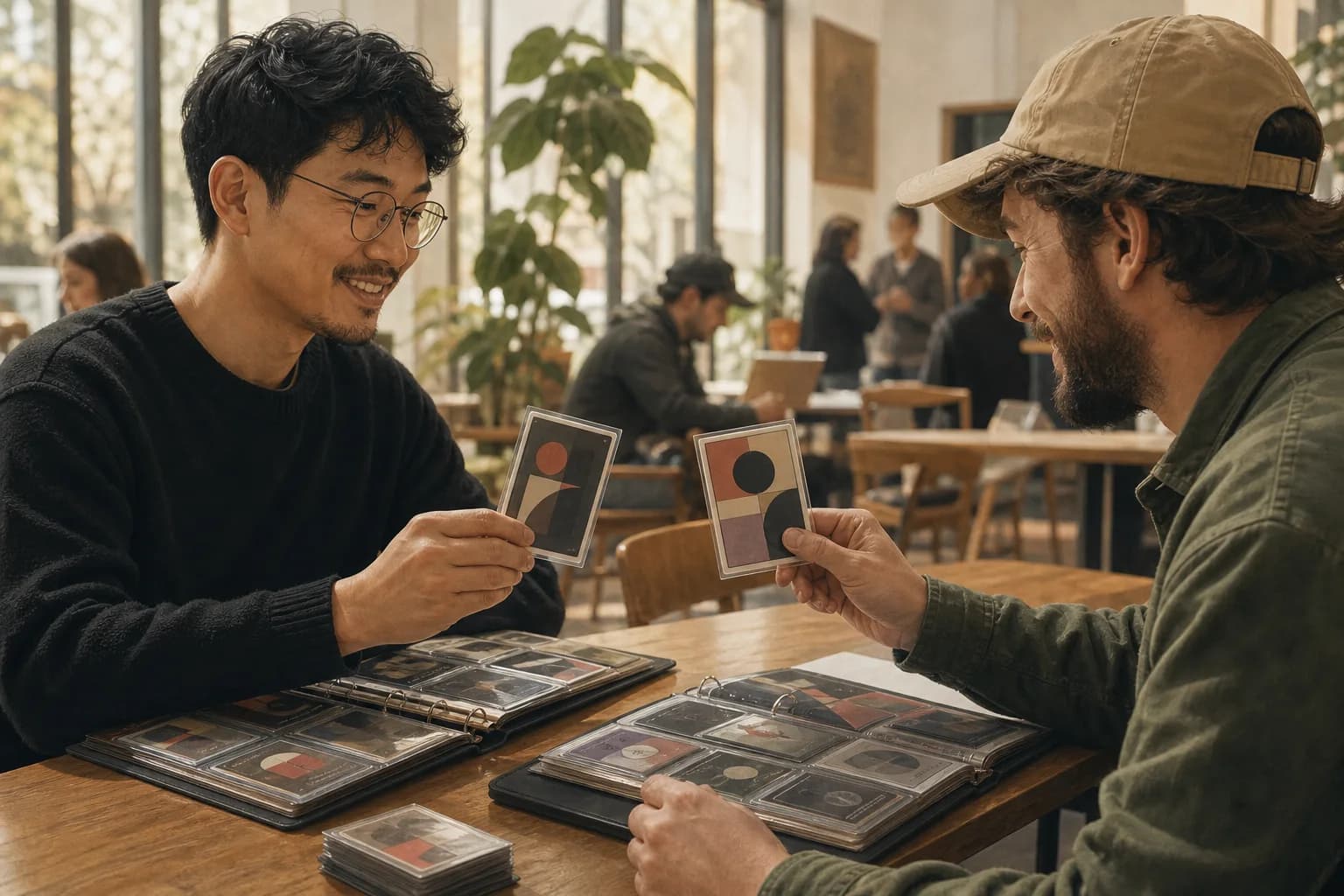 Two adult collectors comparing cards in a bright public cafe