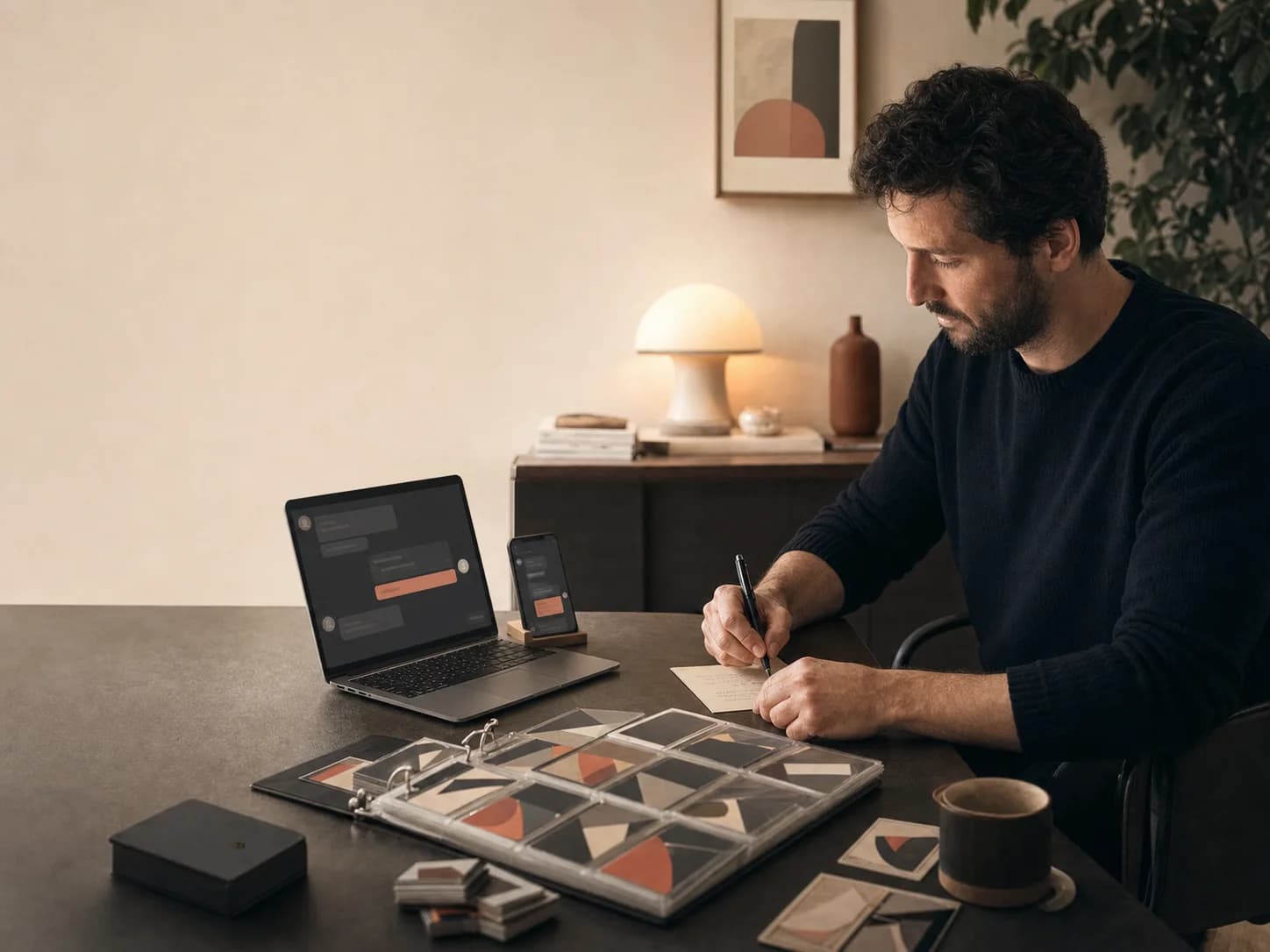 A collector composing a message beside an open card binder