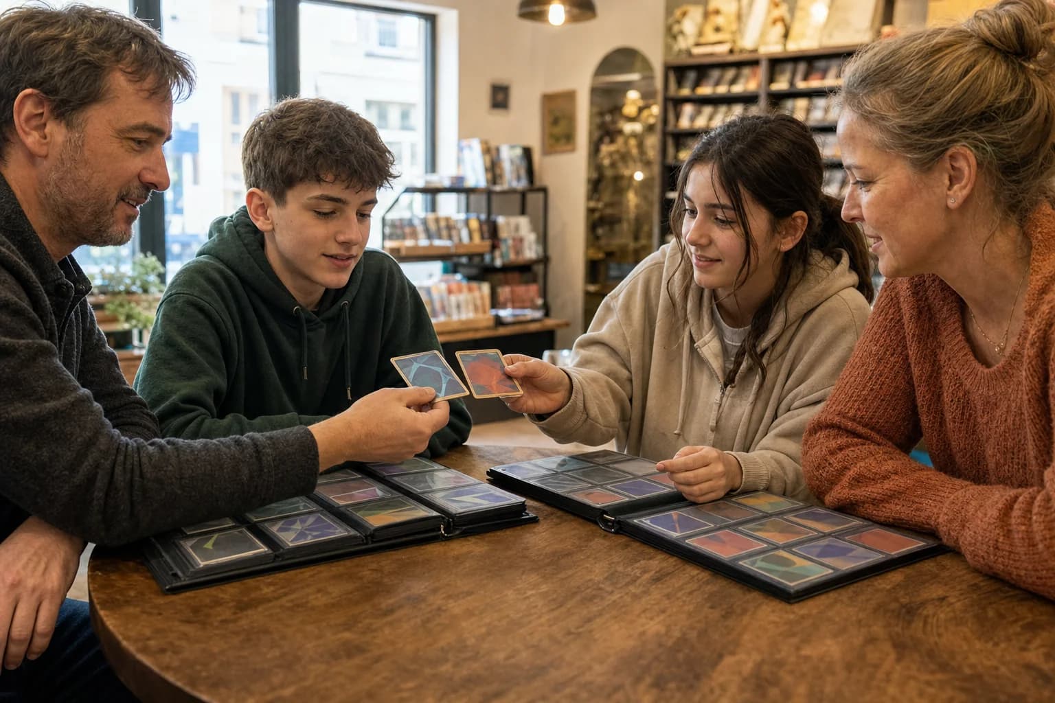 Two families swapping cards over open binders at a shop table
