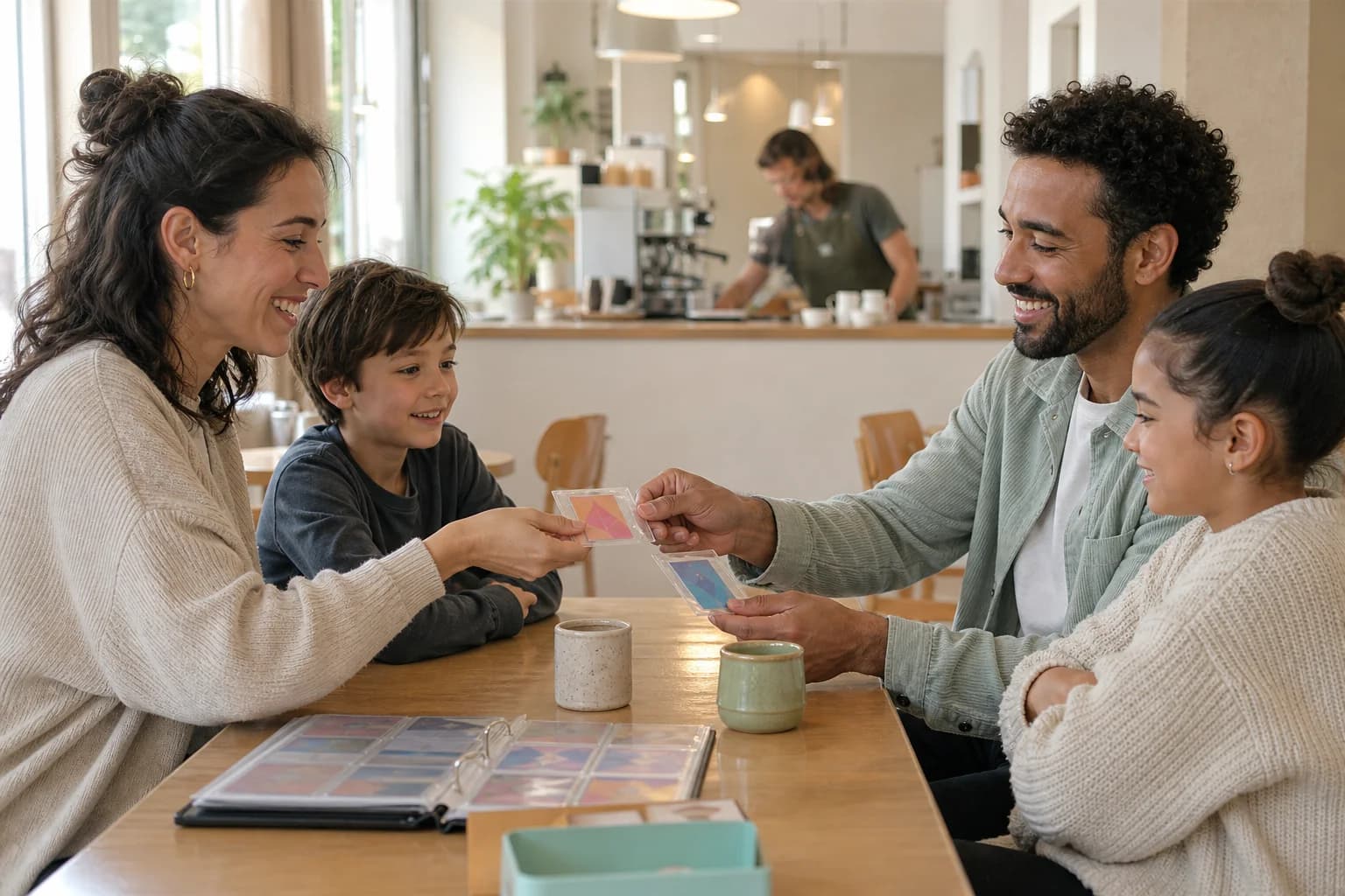 Des familles échangent des cartes dans un café public avec du personnel