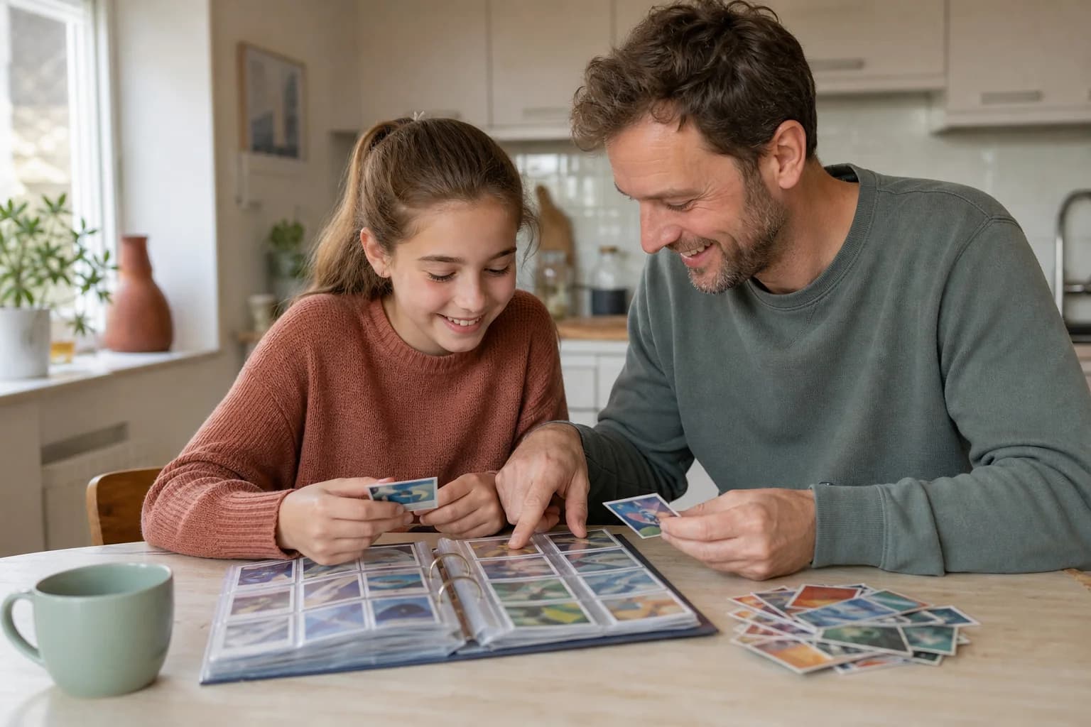 Un parent et un enfant trient des cartes à collectionner ensemble à la table de la cuisine